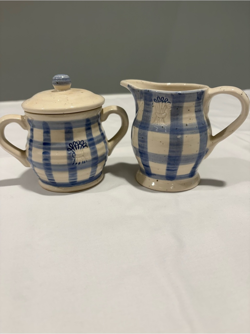 Sundry Blue and Cream Checkered Ceramic Sugar Pot and Creamer
